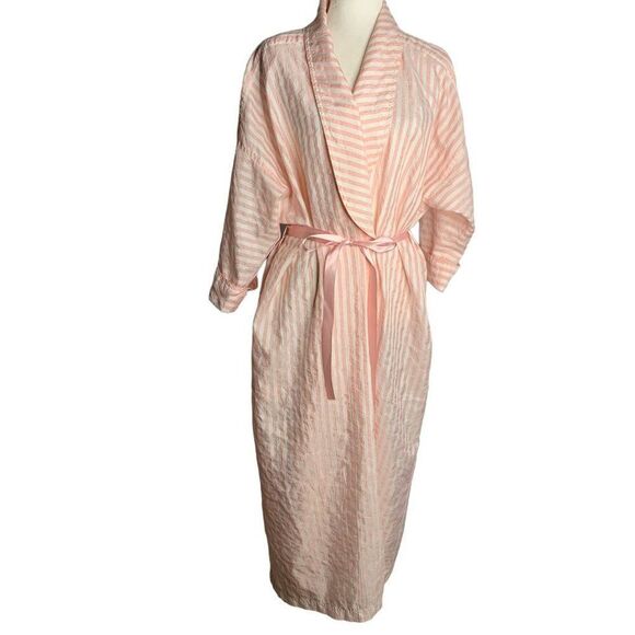 Vintage 80s Full Length Lightweight Robe M Pink Striped Saks Fifth Avenue - Picture 1 of 6